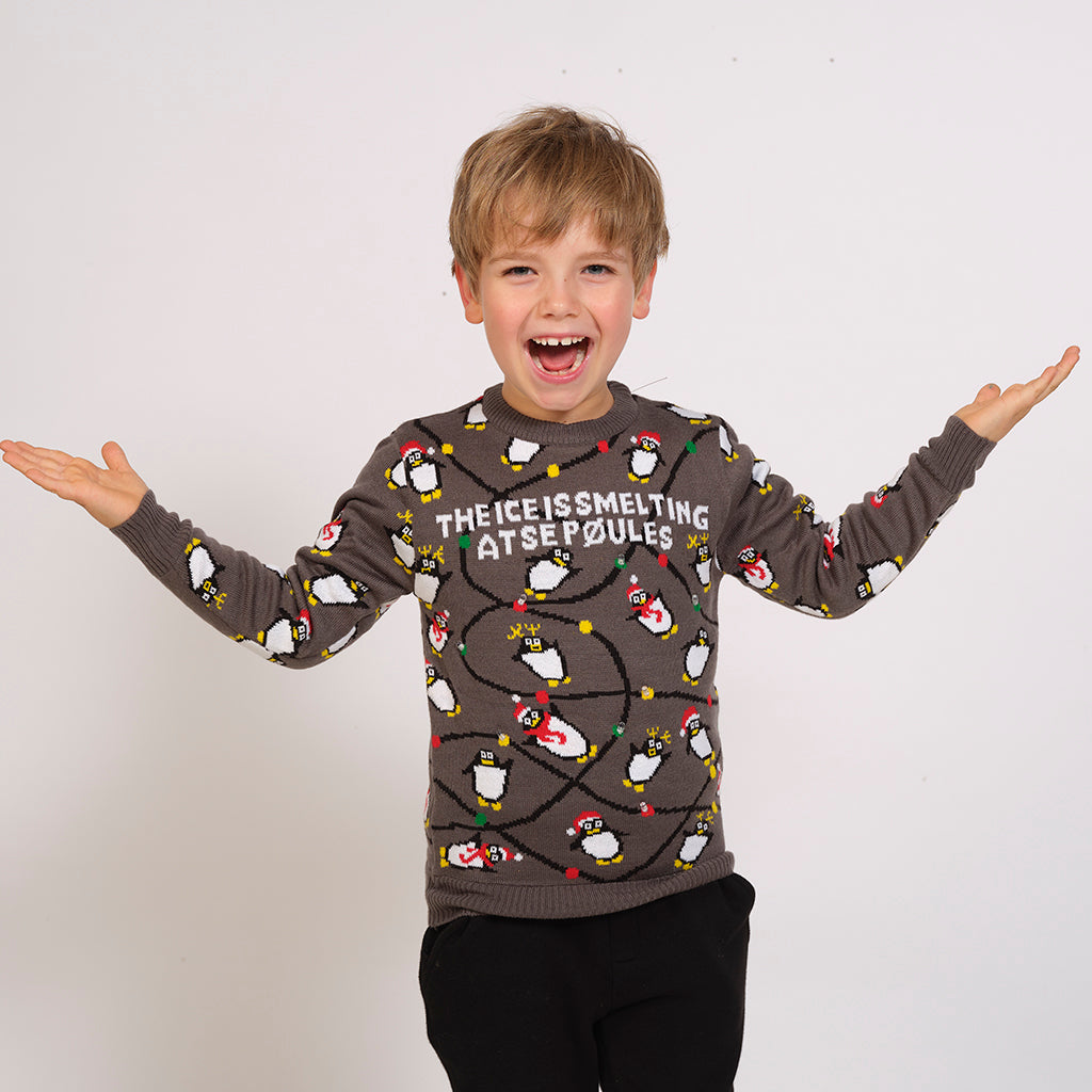 En smilende dreng poserer i en julesweater med pingviner på.
